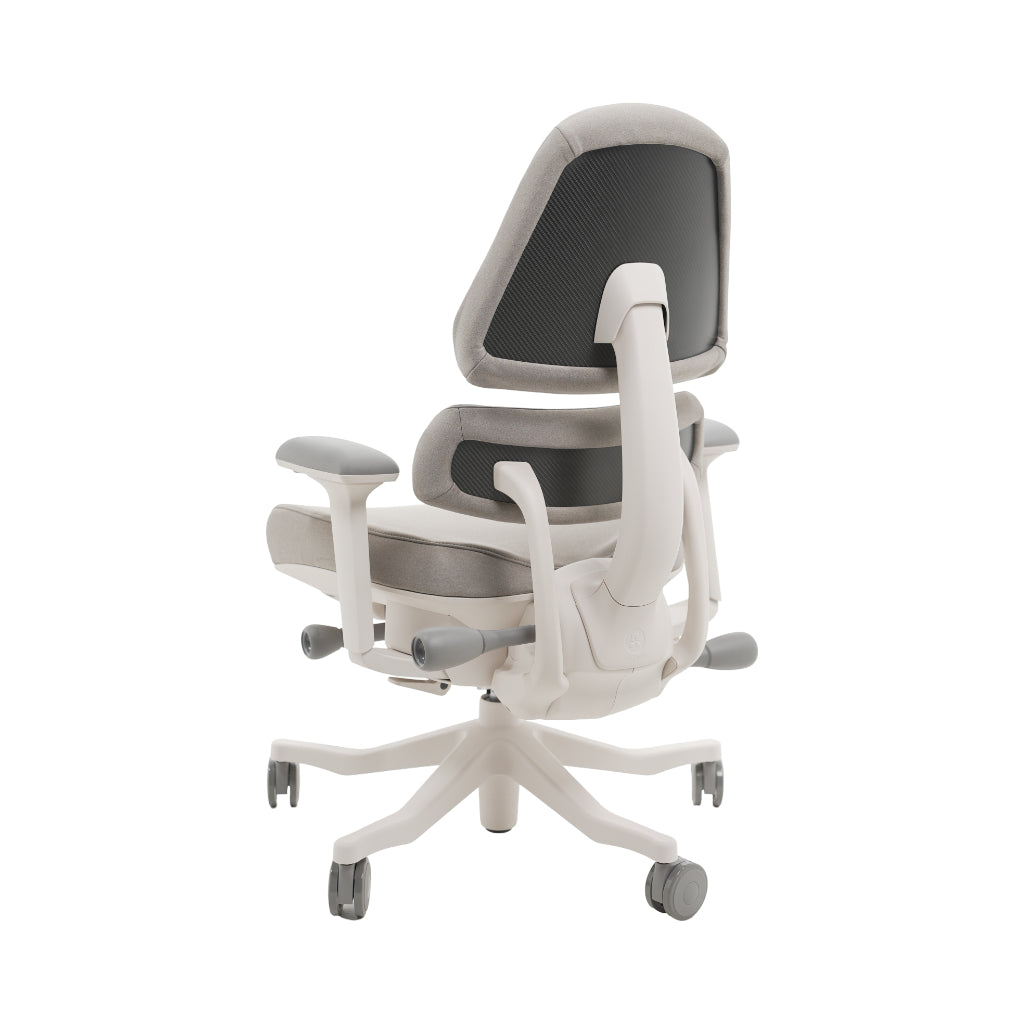 An ergonomic office chair with a high back, adjustable armrests, and a four-wheel base, shown from a rear angle on a white background.