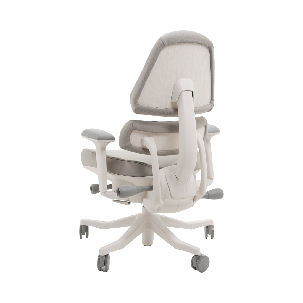 An ergonomic office chair with a high back, adjustable armrests, and a four-wheel base, shown from a rear angle on a white background.