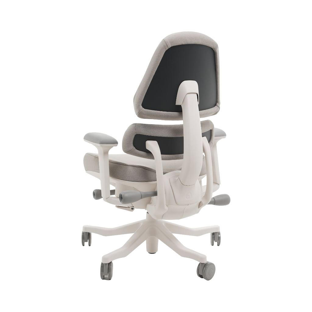 An ergonomic office chair with a high back, adjustable armrests, and a four-wheel base, shown from a rear angle on a white background.