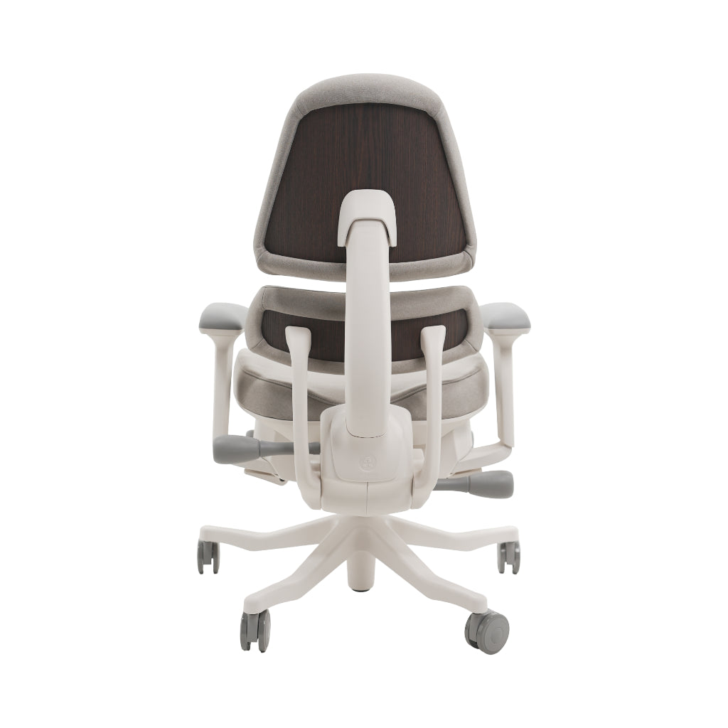 An ergonomic office chair with a high back, adjustable armrests, and a four-wheel base, shown from a rear angle on a white background.