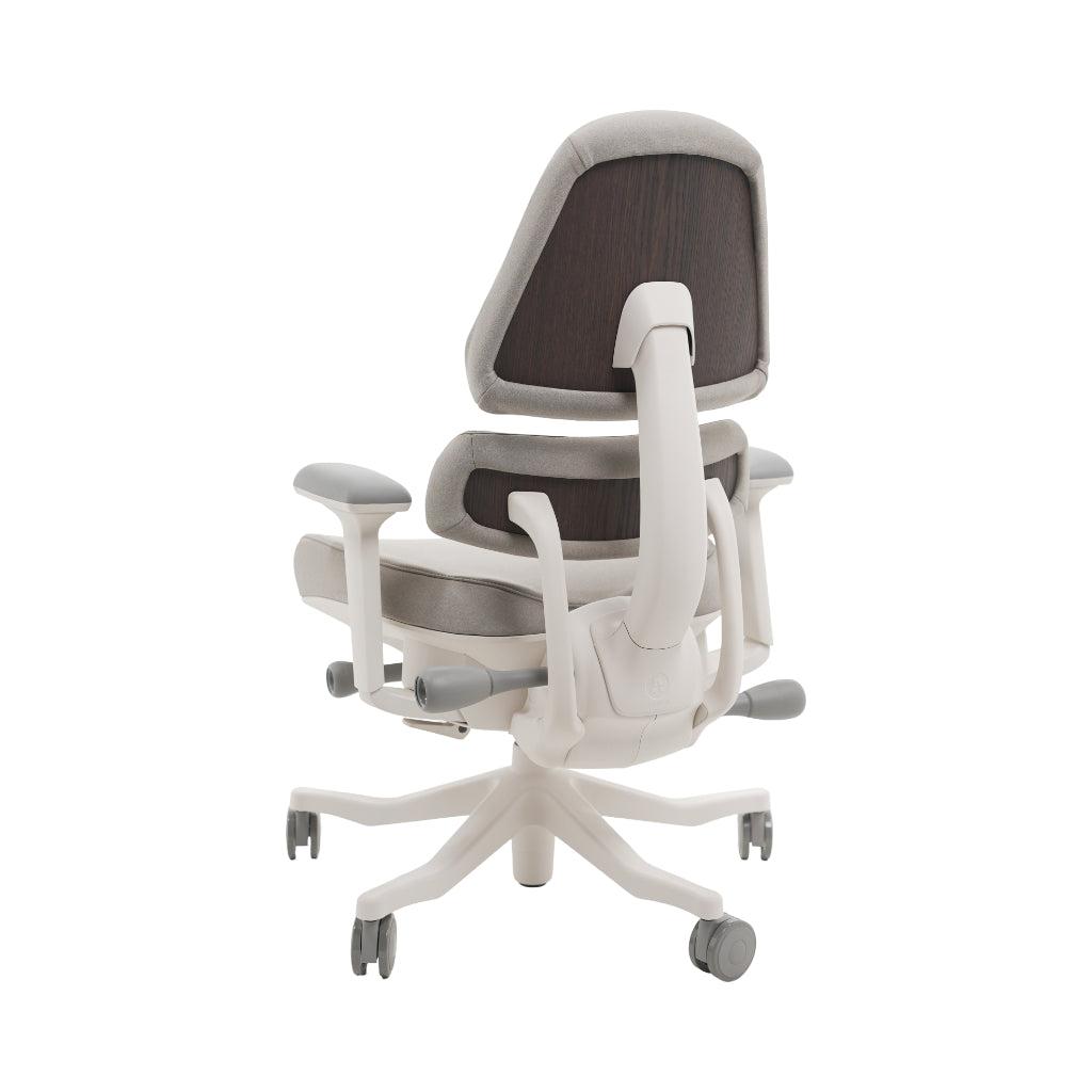 An ergonomic office chair with a high back, adjustable armrests, and a four-wheel base, shown from a rear angle on a white background.