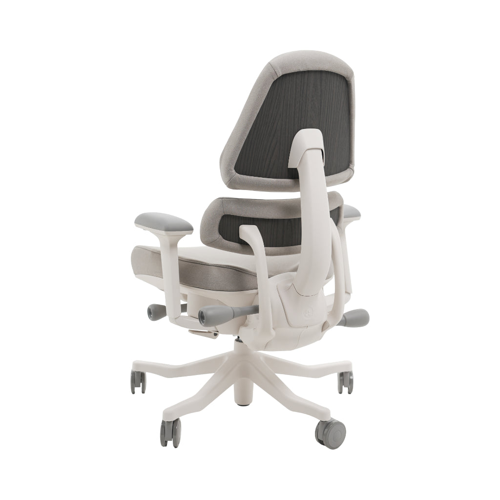 An ergonomic office chair with a high back, adjustable armrests, and a four-wheel base, shown from a rear angle on a white background.
