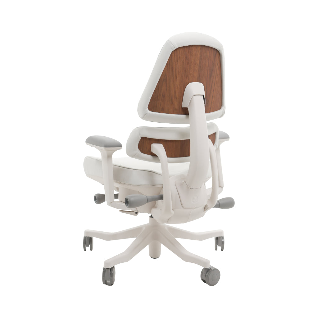 An ergonomic office chair with a high back, adjustable armrests, and a four-wheel base, shown from a rear angle on a white background.