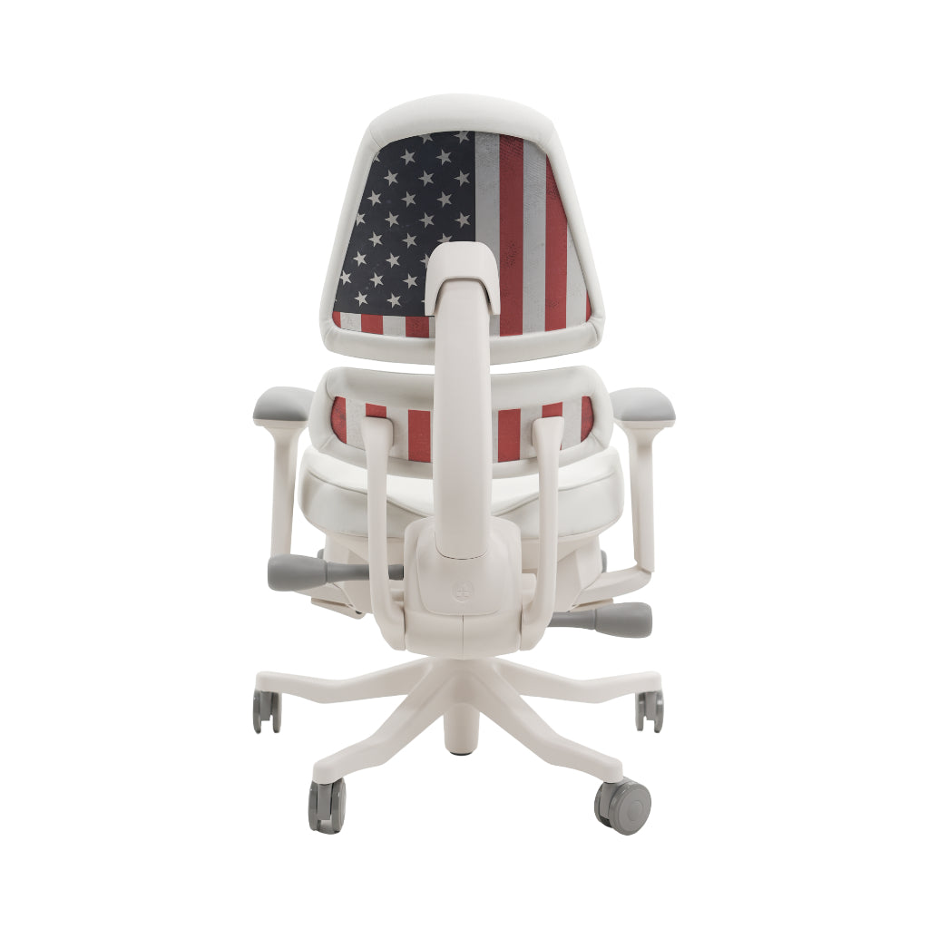 An ergonomic office chair with a high back, adjustable armrests, and a four-wheel base, shown from a rear angle on a white background.