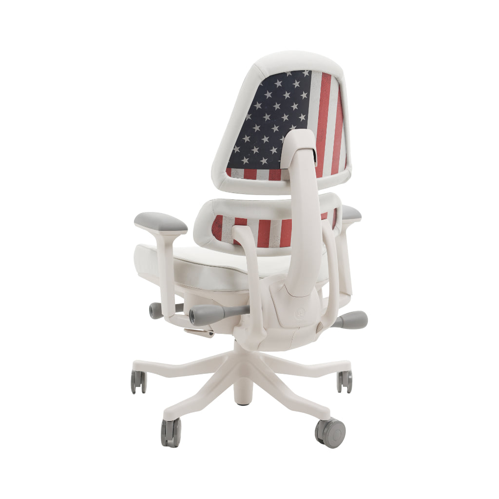 An ergonomic office chair with a high back, adjustable armrests, and a four-wheel base, shown from a rear angle on a white background.
