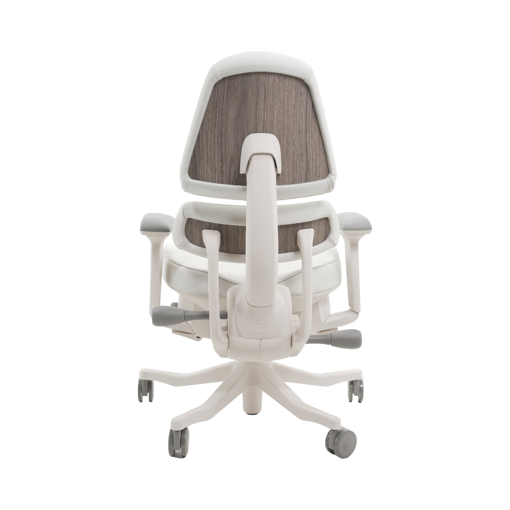 An ergonomic office chair with a high back, adjustable armrests, and a four-wheel base, shown from a rear angle on a white background.