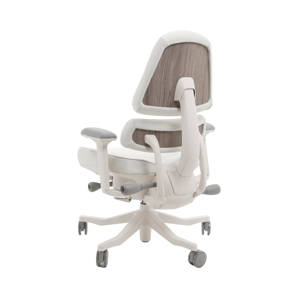 An ergonomic office chair with a high back, adjustable armrests, and a four-wheel base, shown from a rear angle on a white background.