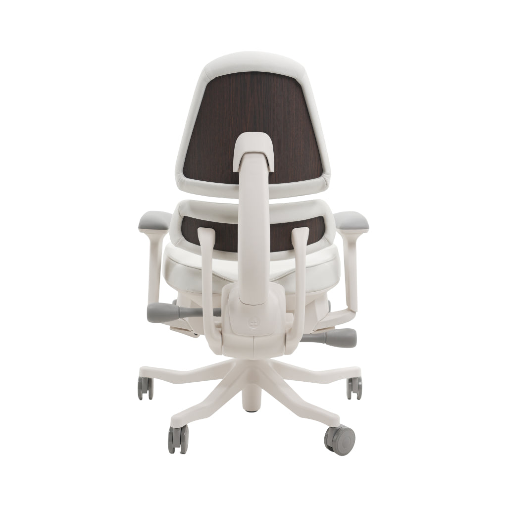 An ergonomic office chair with a high back, adjustable armrests, and a four-wheel base, shown from a rear angle on a white background.