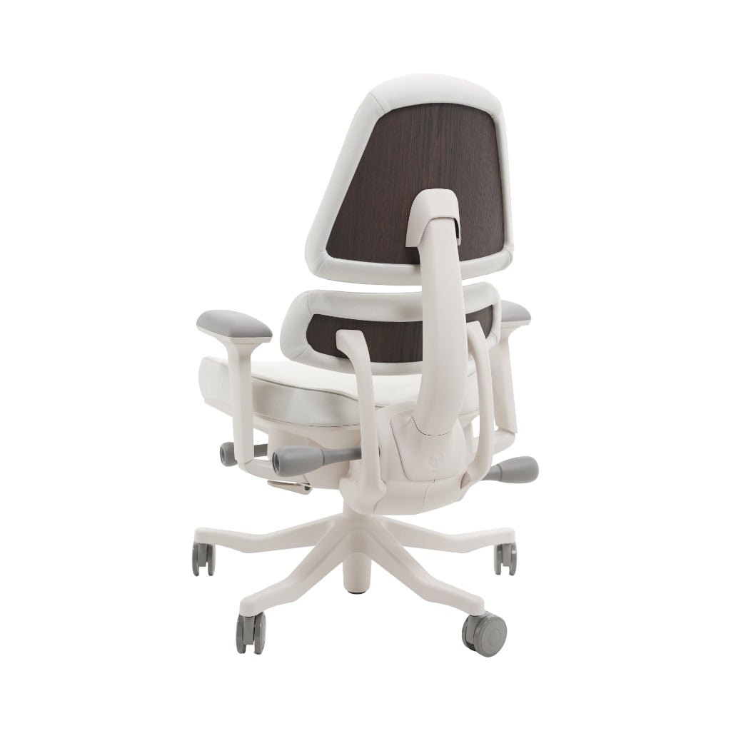 An ergonomic office chair with a high back, adjustable armrests, and a four-wheel base, shown from a rear angle on a white background.