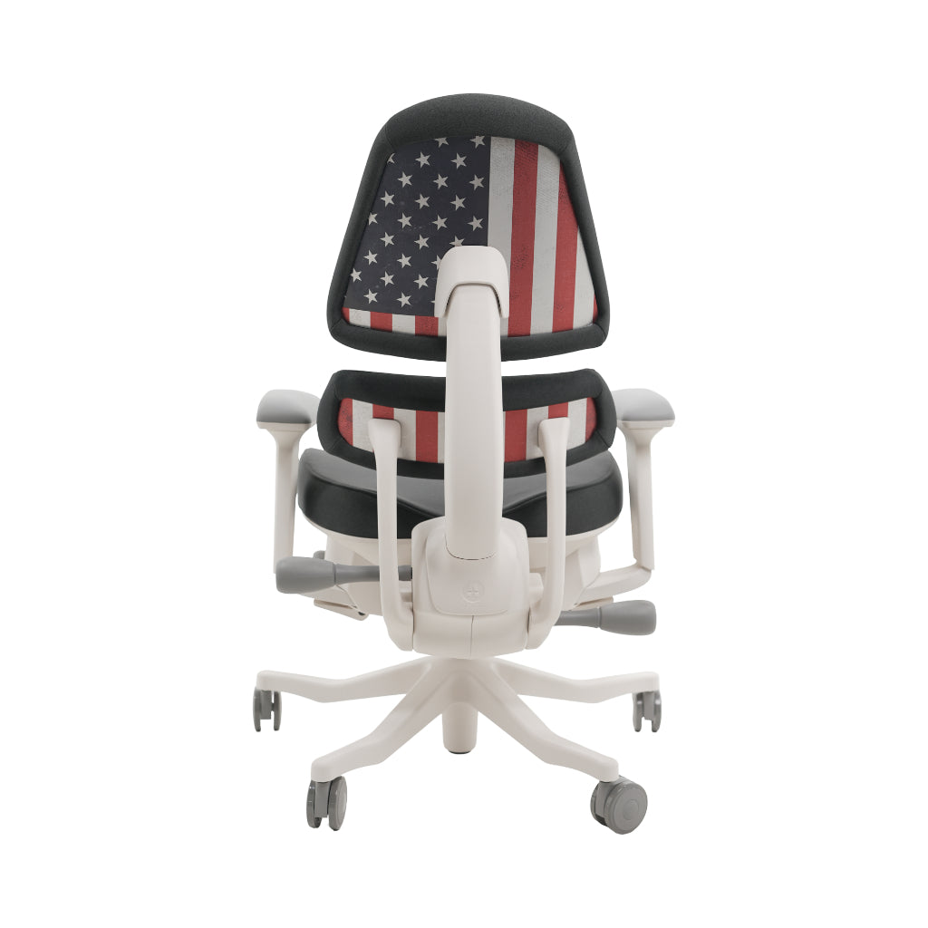 An ergonomic office chair with a high back, adjustable armrests, and a four-wheel base, shown from a rear angle on a white background.