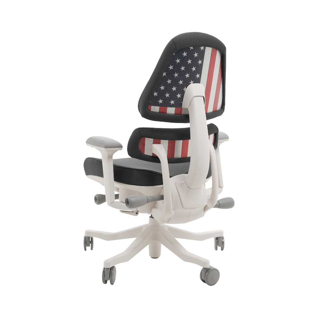 An ergonomic office chair with a high back, adjustable armrests, and a four-wheel base, shown from a rear angle on a white background.