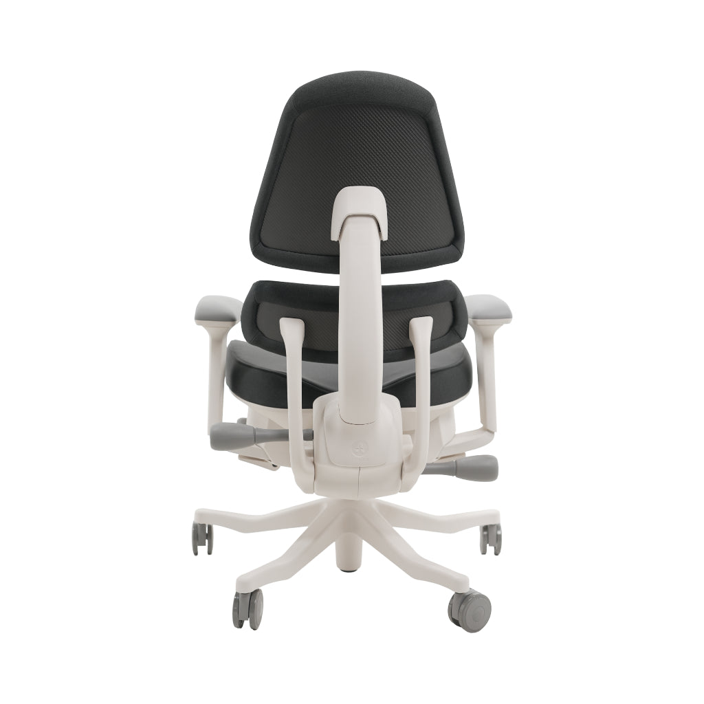 An ergonomic office chair with a high back, adjustable armrests, and a four-wheel base, shown from a rear angle on a white background.