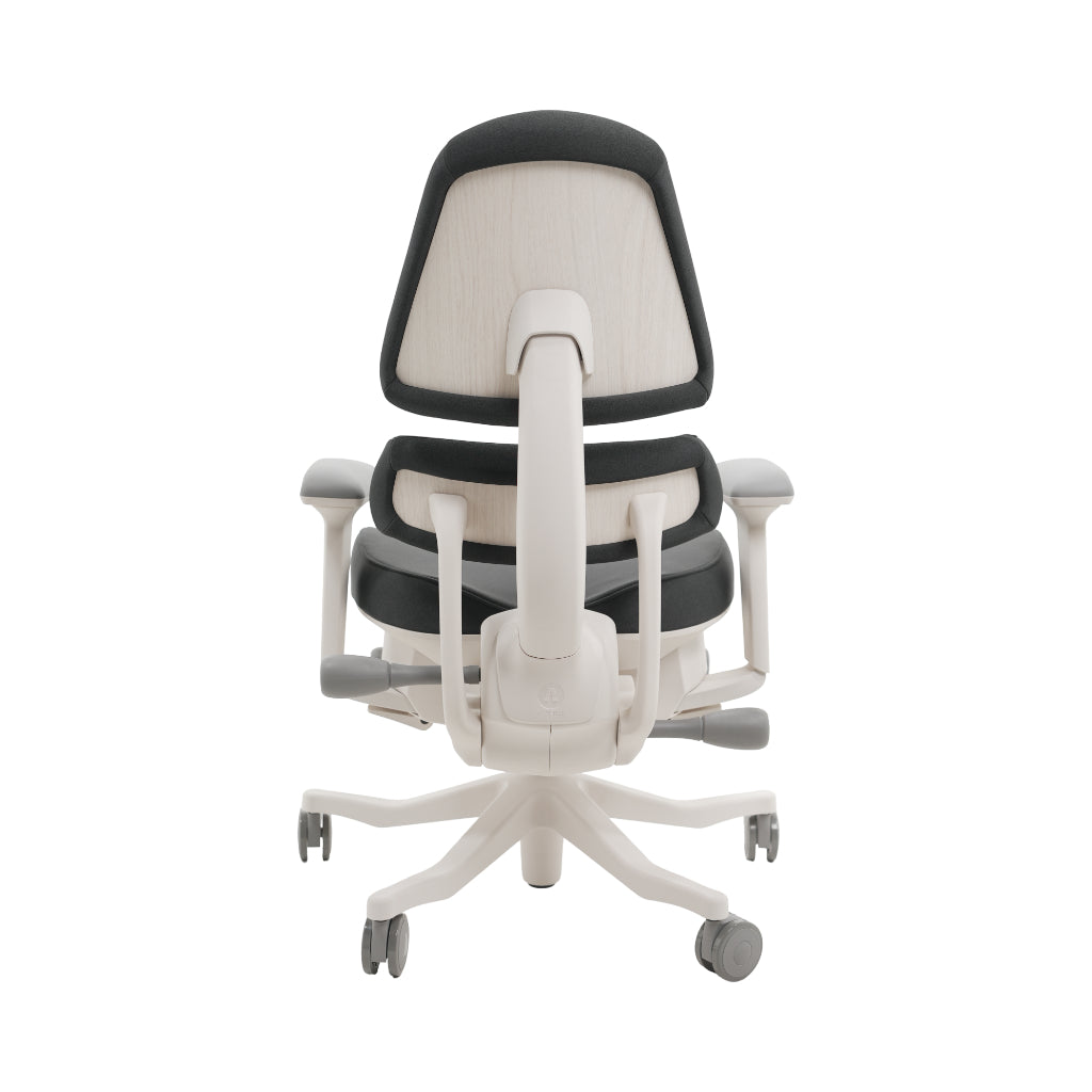 An ergonomic office chair with a high back, adjustable armrests, and a four-wheel base, shown from a rear angle on a white background.