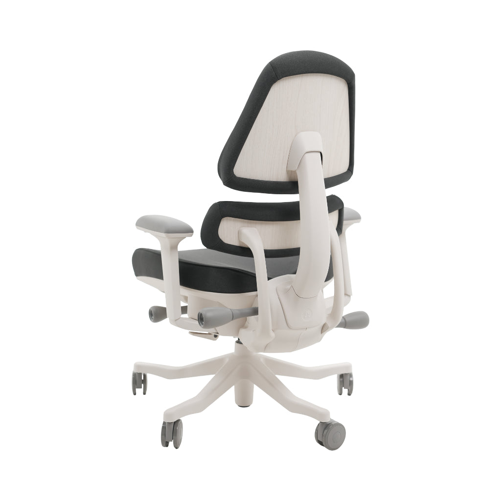 An ergonomic office chair with a high back, adjustable armrests, and a four-wheel base, shown from a rear angle on a white background.