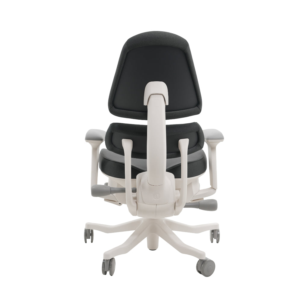 An ergonomic office chair with a high back, adjustable armrests, and a four-wheel base, shown from a rear angle on a white background.