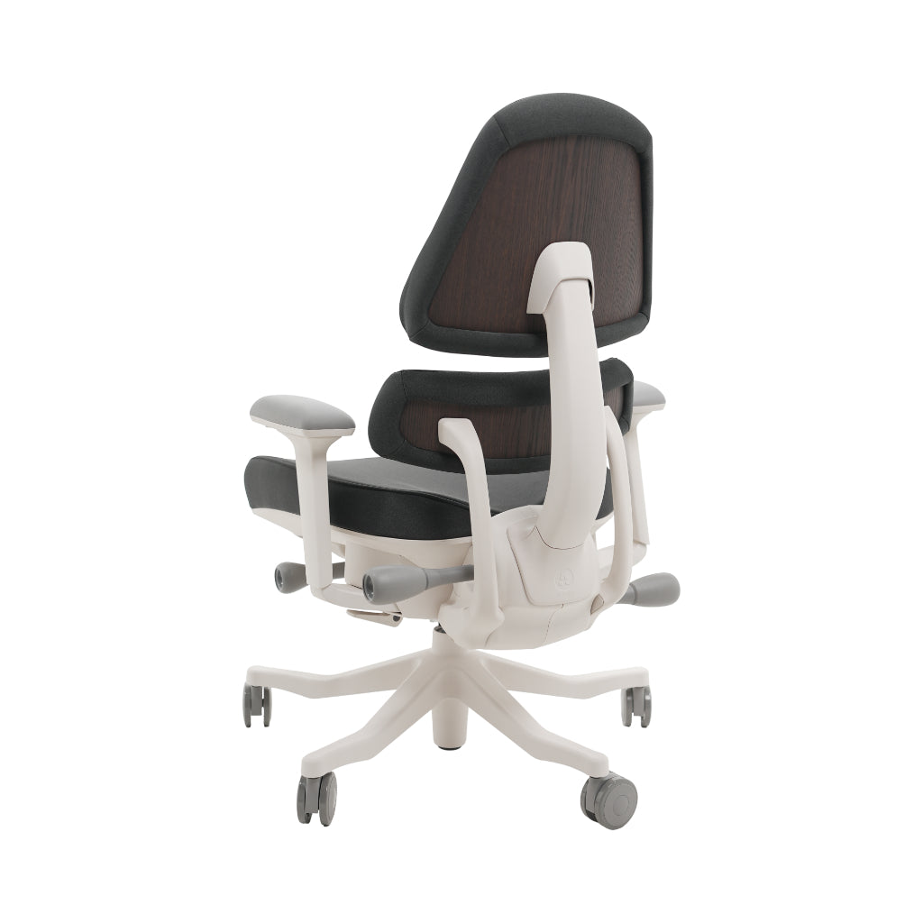 An ergonomic office chair with a high back, adjustable armrests, and a four-wheel base, shown from a rear angle on a white background.