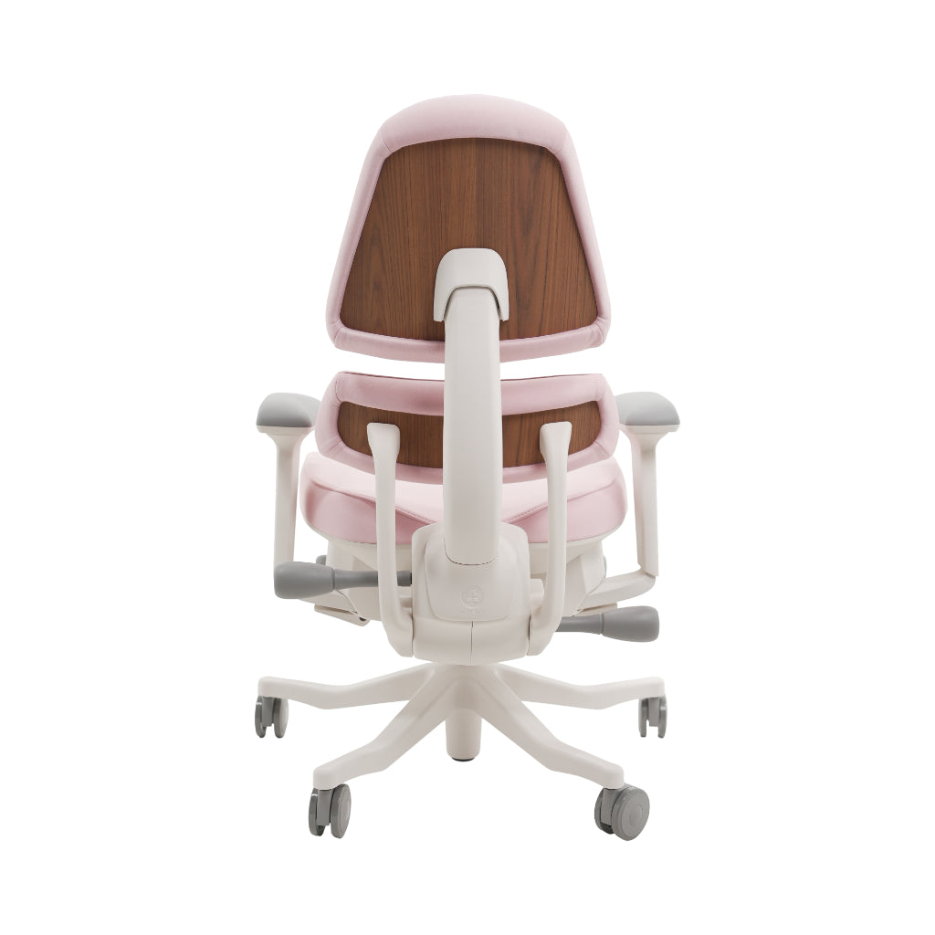An ergonomic office chair with a high back, adjustable armrests, and a four-wheel base, shown from a rear angle on a white background.