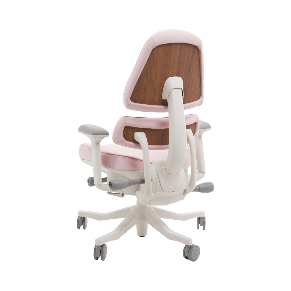 An ergonomic office chair with a high back, adjustable armrests, and a four-wheel base, shown from a rear angle on a white background.