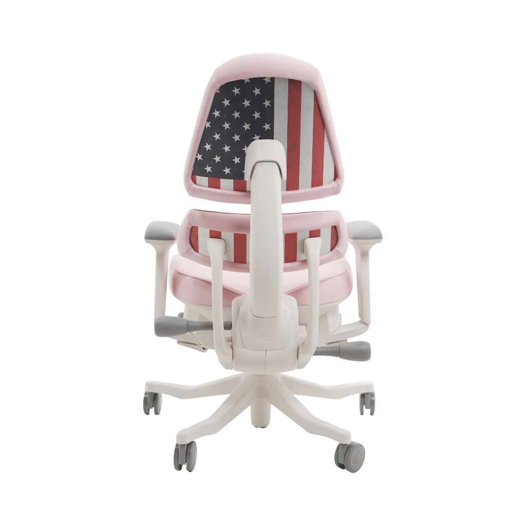 An ergonomic office chair with a high back, adjustable armrests, and a four-wheel base, shown from a rear angle on a white background.