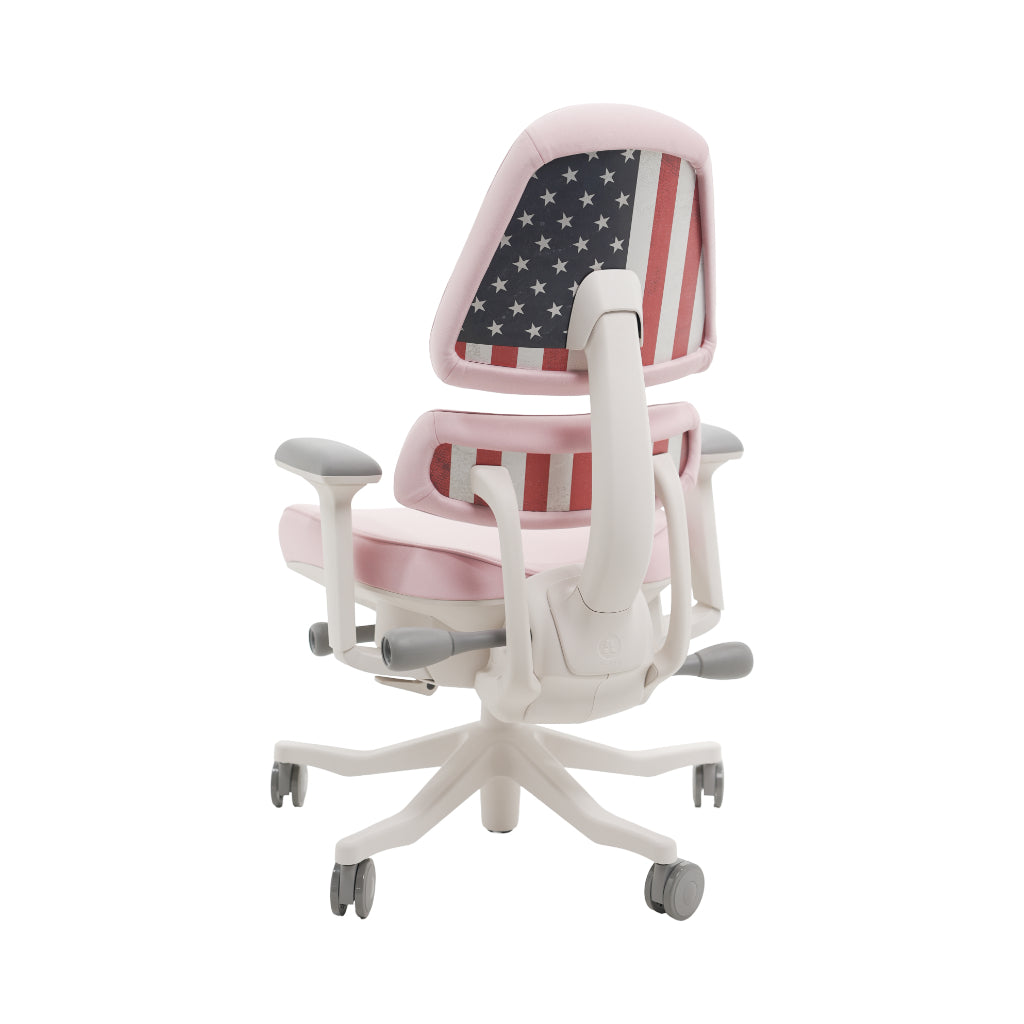 An ergonomic office chair with a high back, adjustable armrests, and a four-wheel base, shown from a rear angle on a white background.