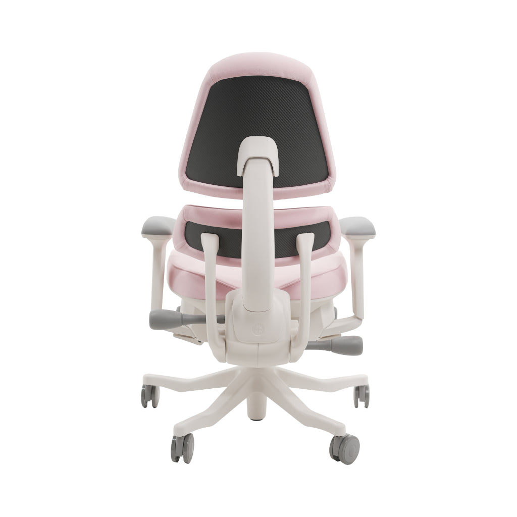 An ergonomic office chair with a high back, adjustable armrests, and a four-wheel base, shown from a rear angle on a white background.