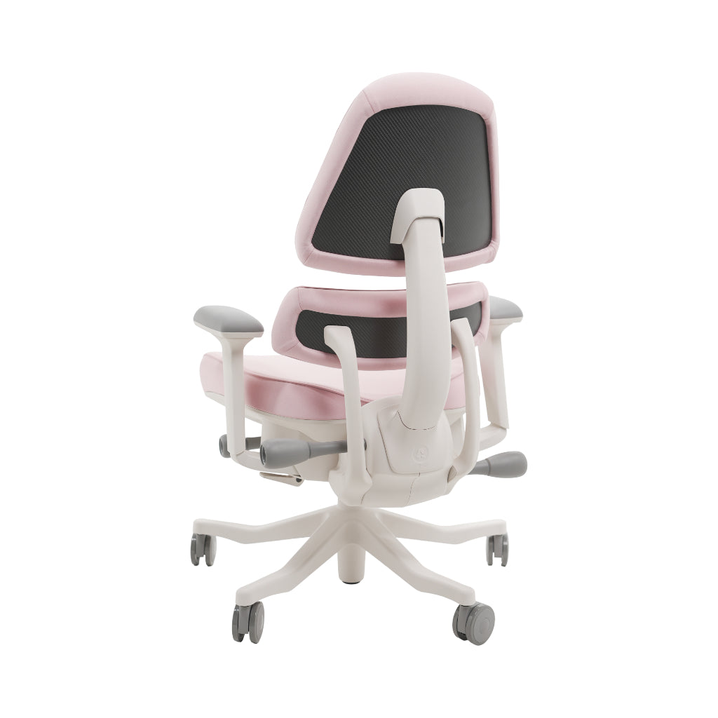 An ergonomic office chair with a high back, adjustable armrests, and a four-wheel base, shown from a rear angle on a white background.
