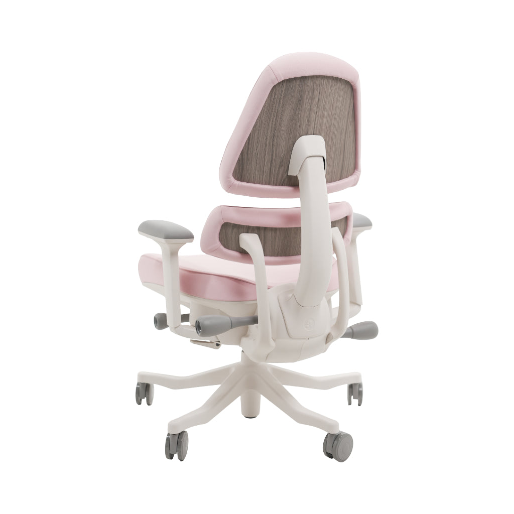 An ergonomic office chair with a high back, adjustable armrests, and a four-wheel base, shown from a rear angle on a white background.