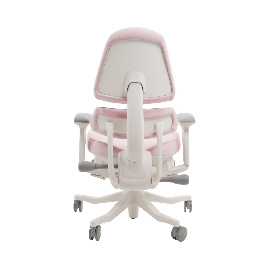 An ergonomic office chair with a high back, adjustable armrests, and a four-wheel base, shown from a rear angle on a white background.