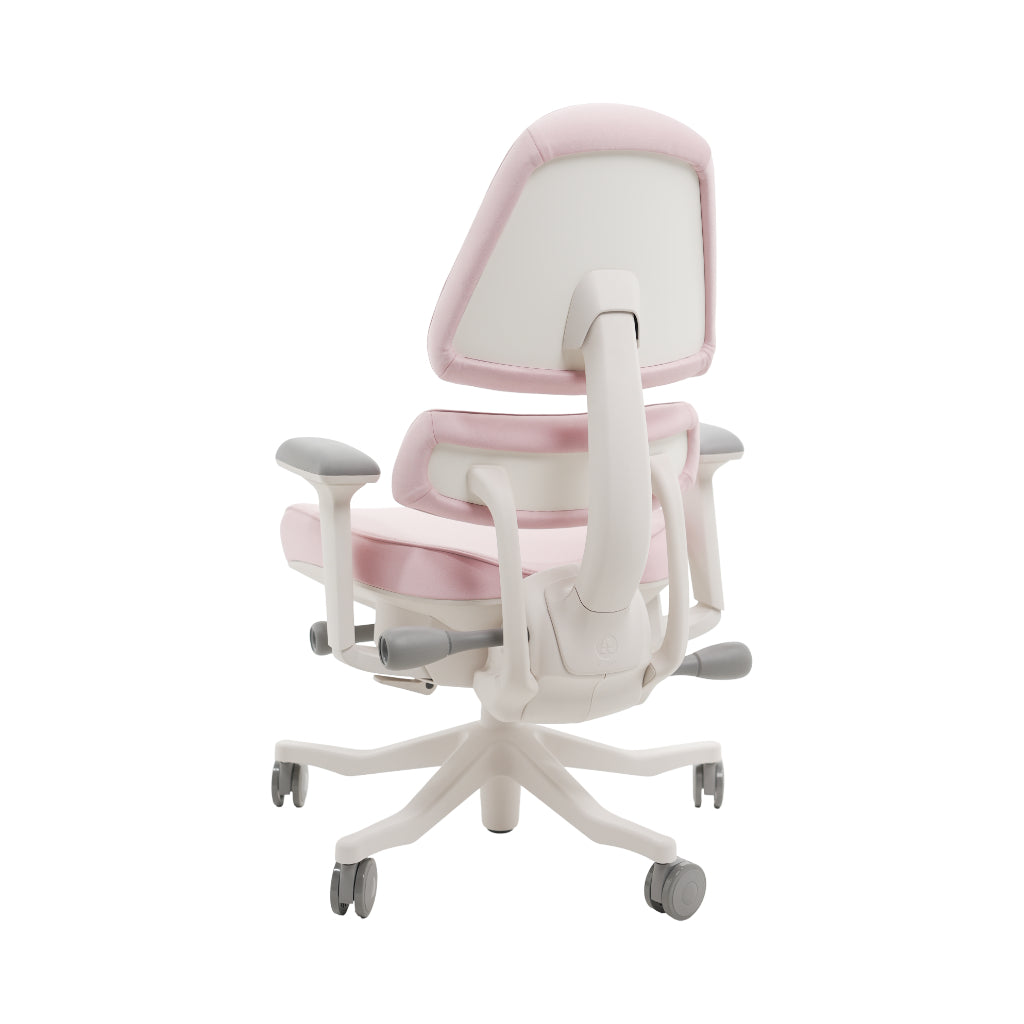 An ergonomic office chair with a high back, adjustable armrests, and a four-wheel base, shown from a rear angle on a white background.