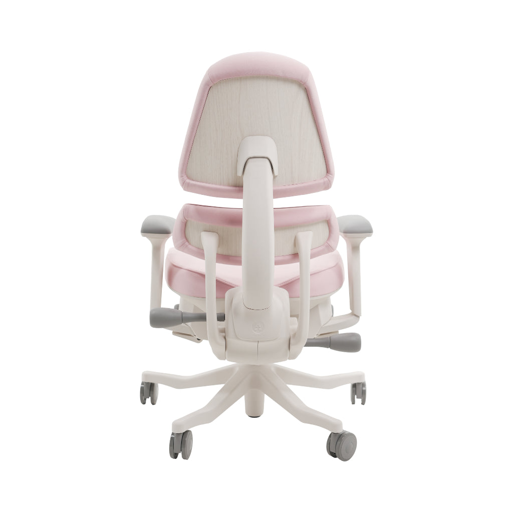 An ergonomic office chair with a high back, adjustable armrests, and a four-wheel base, shown from a rear angle on a white background.
