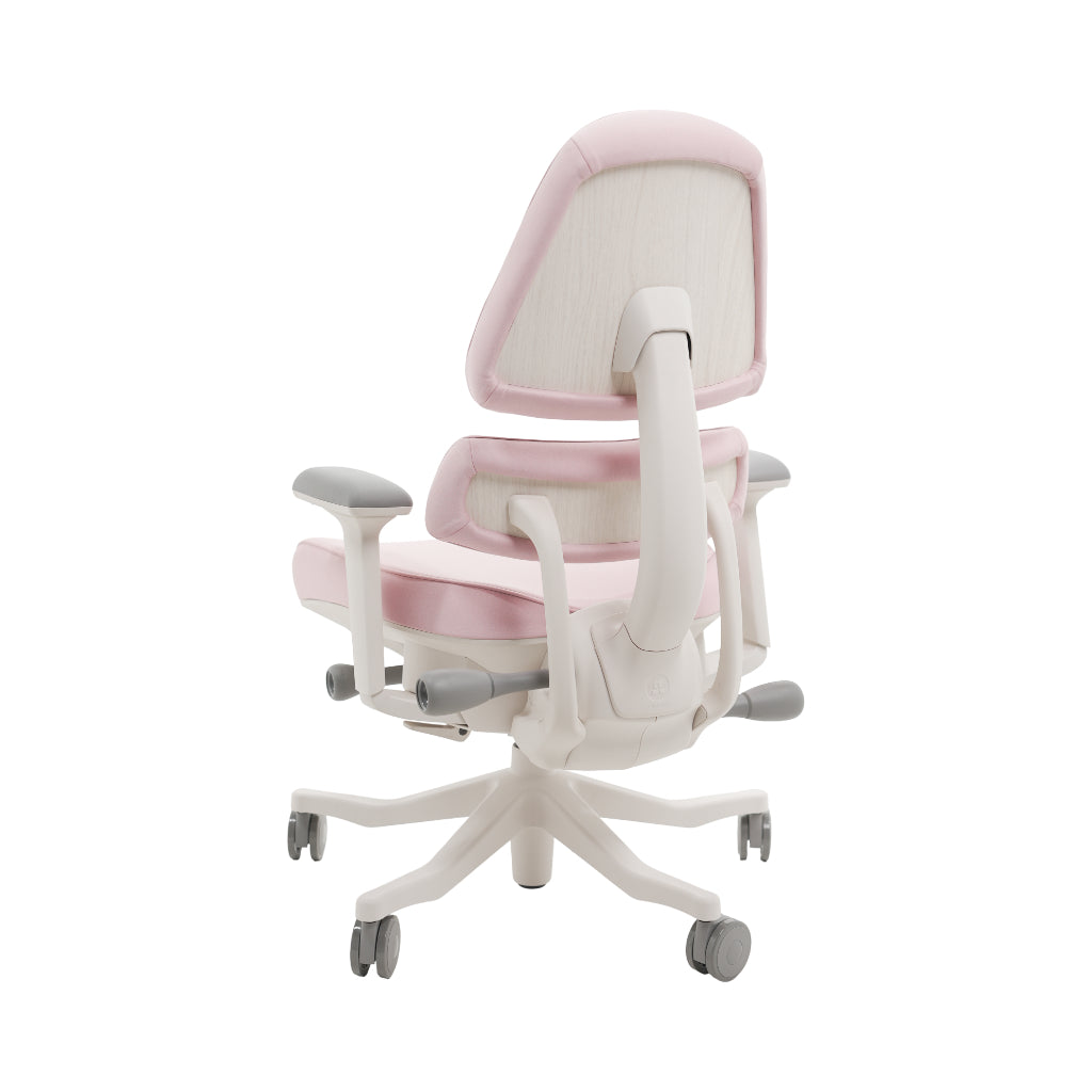 An ergonomic office chair with a high back, adjustable armrests, and a four-wheel base, shown from a rear angle on a white background.