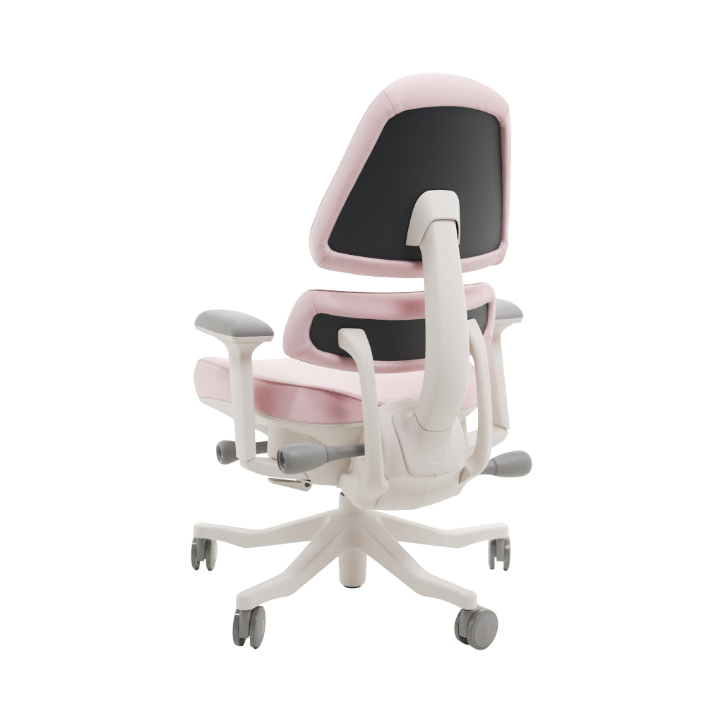 An ergonomic office chair with a high back, adjustable armrests, and a four-wheel base, shown from a rear angle on a white background.