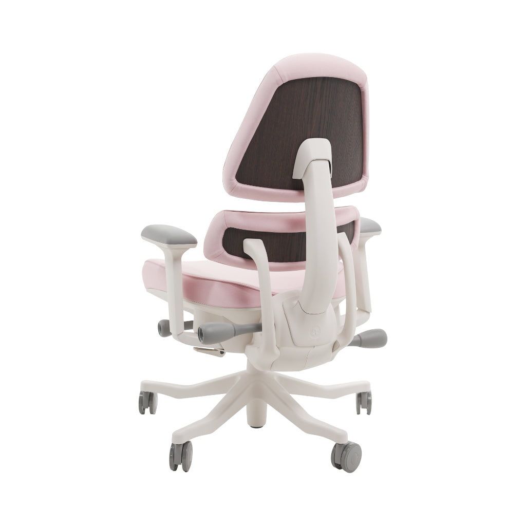 An ergonomic office chair with a high back, adjustable armrests, and a four-wheel base, shown from a rear angle on a white background.