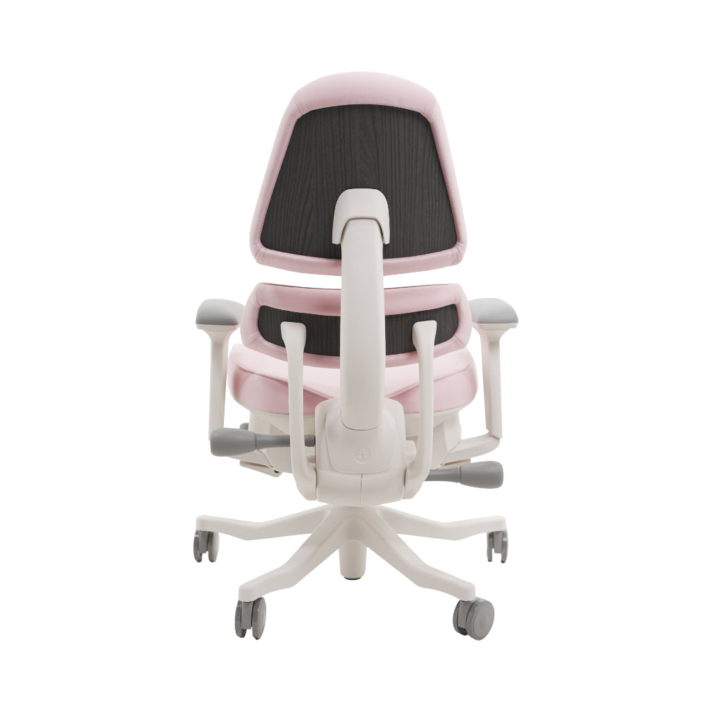 An ergonomic office chair with a high back, adjustable armrests, and a four-wheel base, shown from a rear angle on a white background.