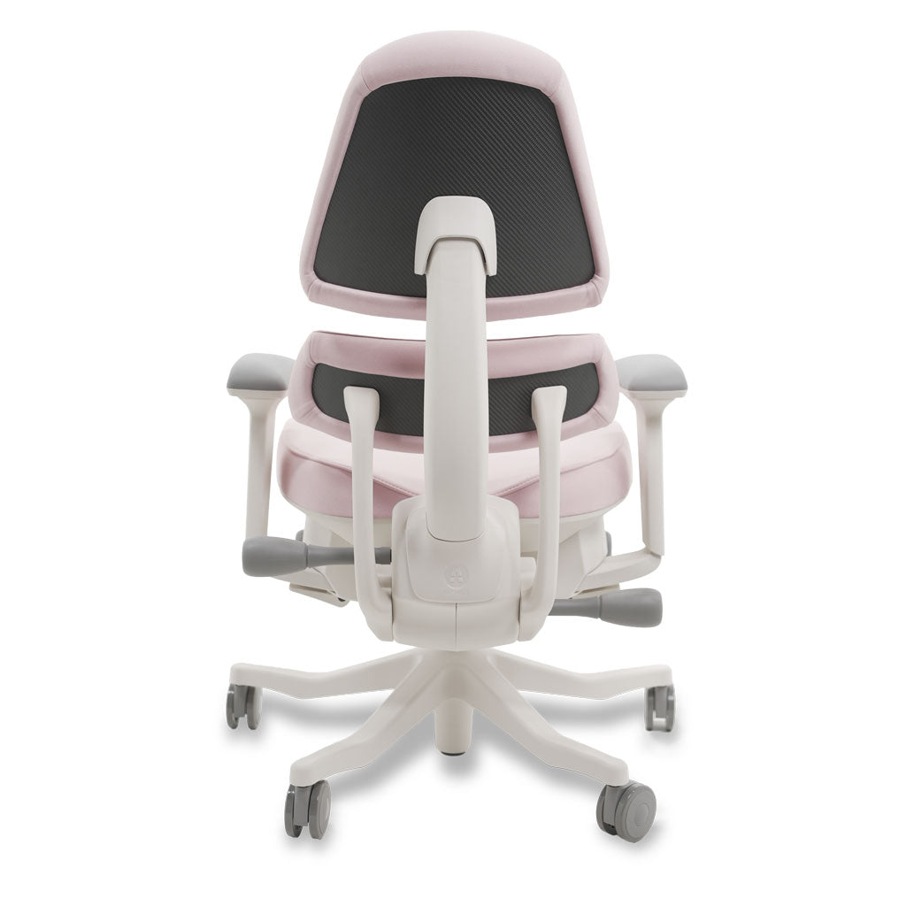Pink and white office chair with adjustable features on a white background