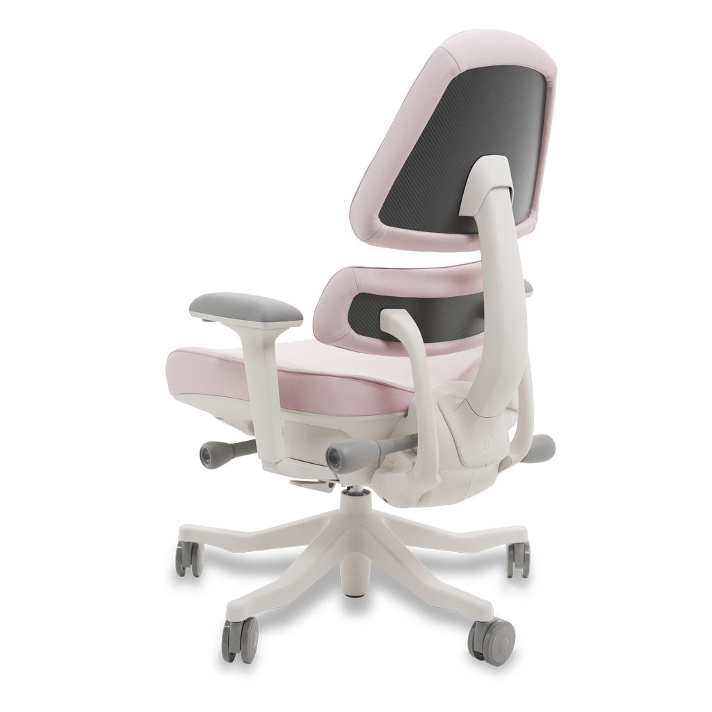 Ergonomic office chair with pink and gray design on a white background