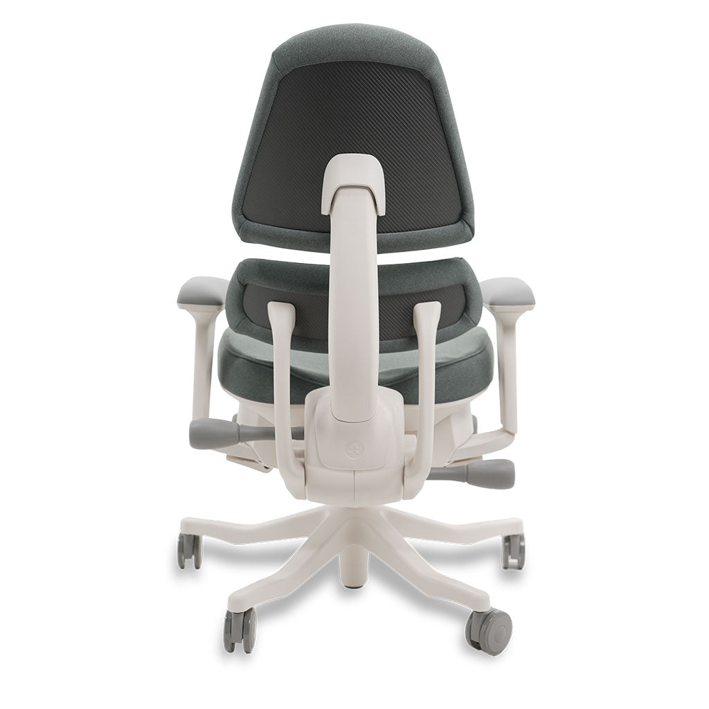 Ergonomic office chair with gray mesh backrest and white base on a white background