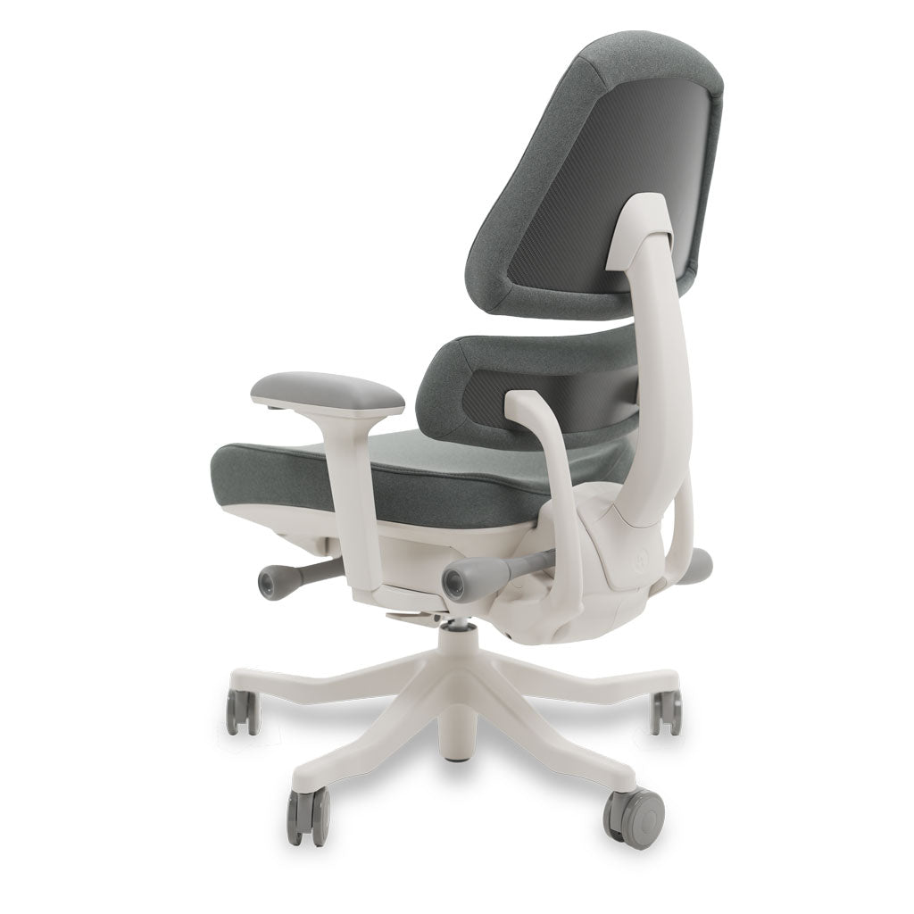 Ergonomic office chair with gray cushioned backrest and white base on a white background