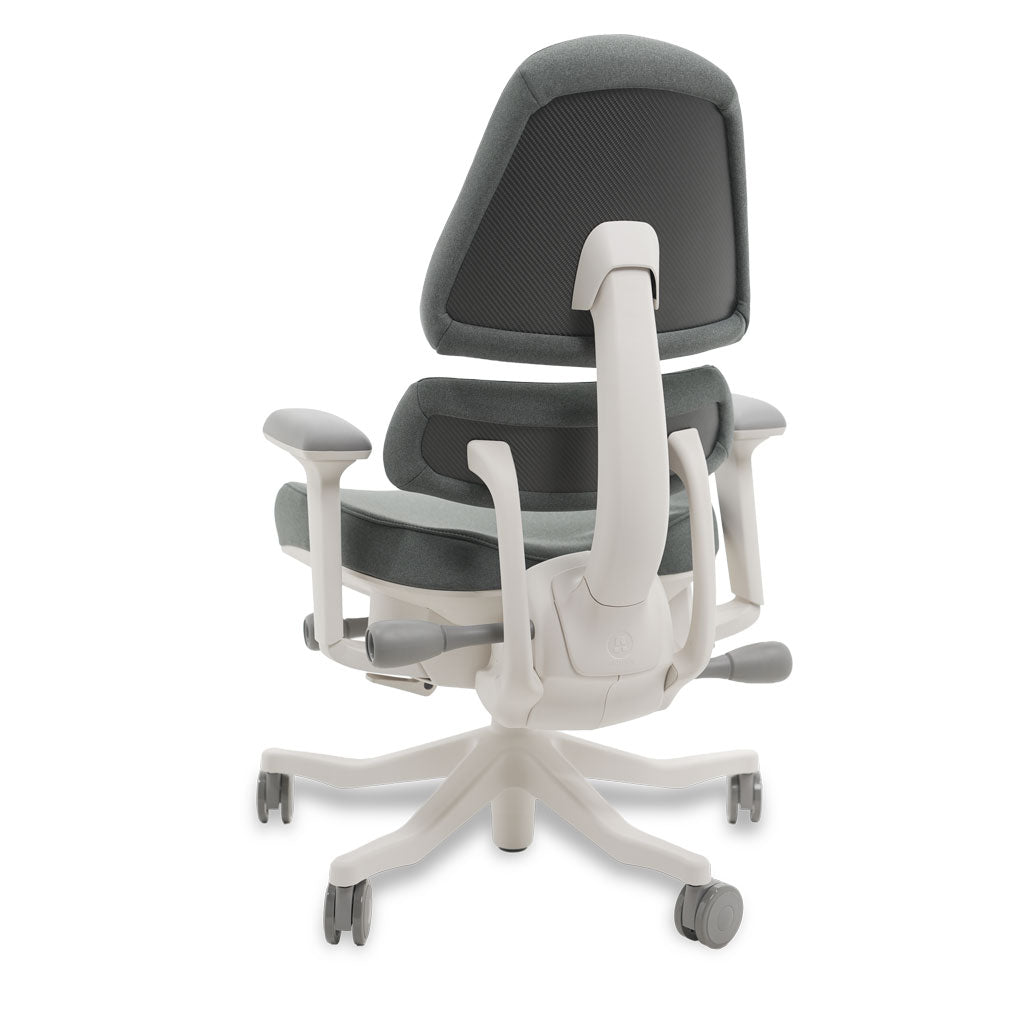 Ergonomic office chair with gray mesh backrest and white frame on a white background