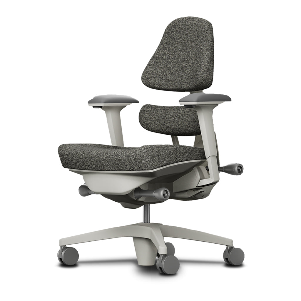 Ergonomic office chair with a white frame and steel fabric, featuring a contoured seat, adjustable armrests, and supportive backrest for optimal posture and comfort.