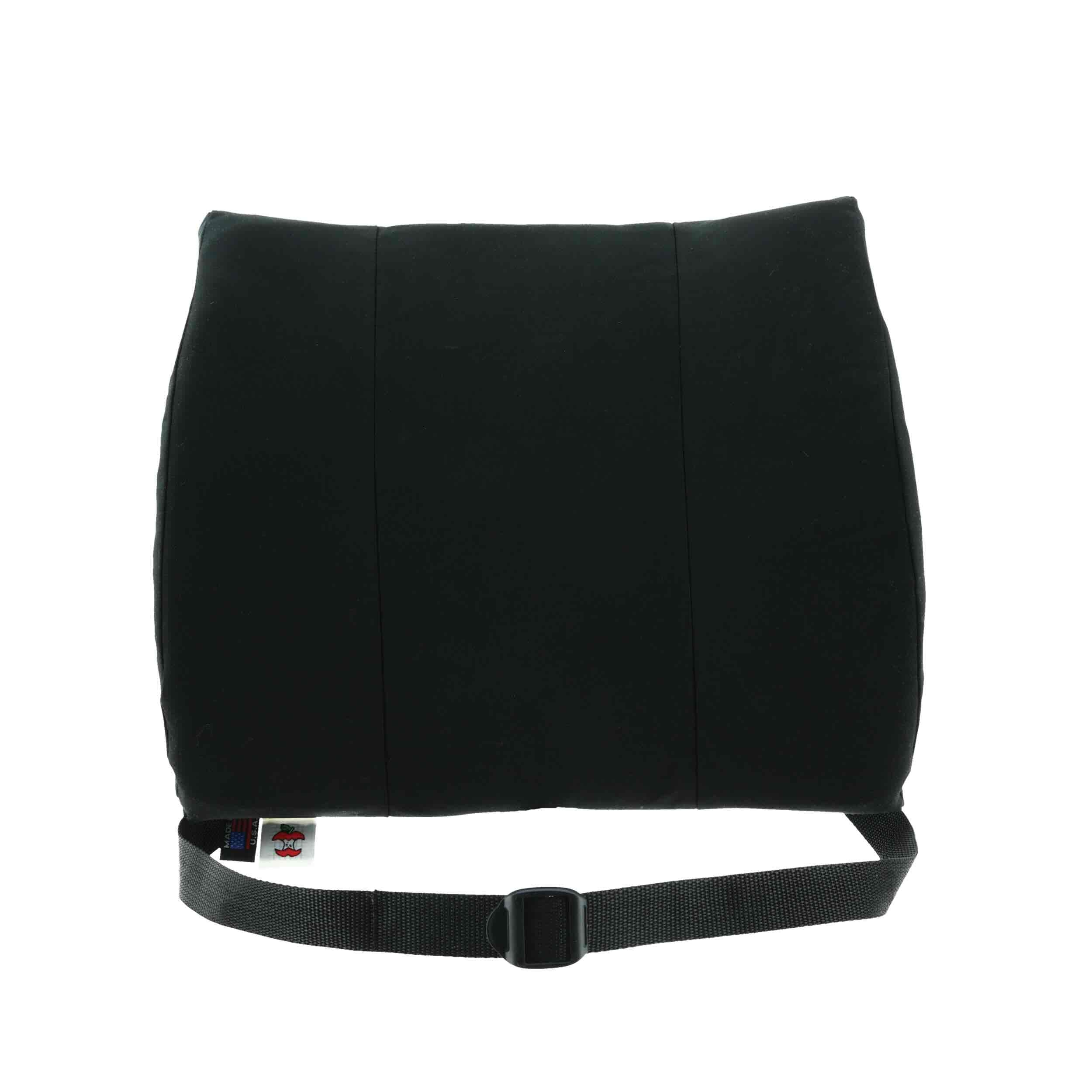 A black lumbar support cushion with an adjustable black strap and plastic buckle, shown against a plain white background.