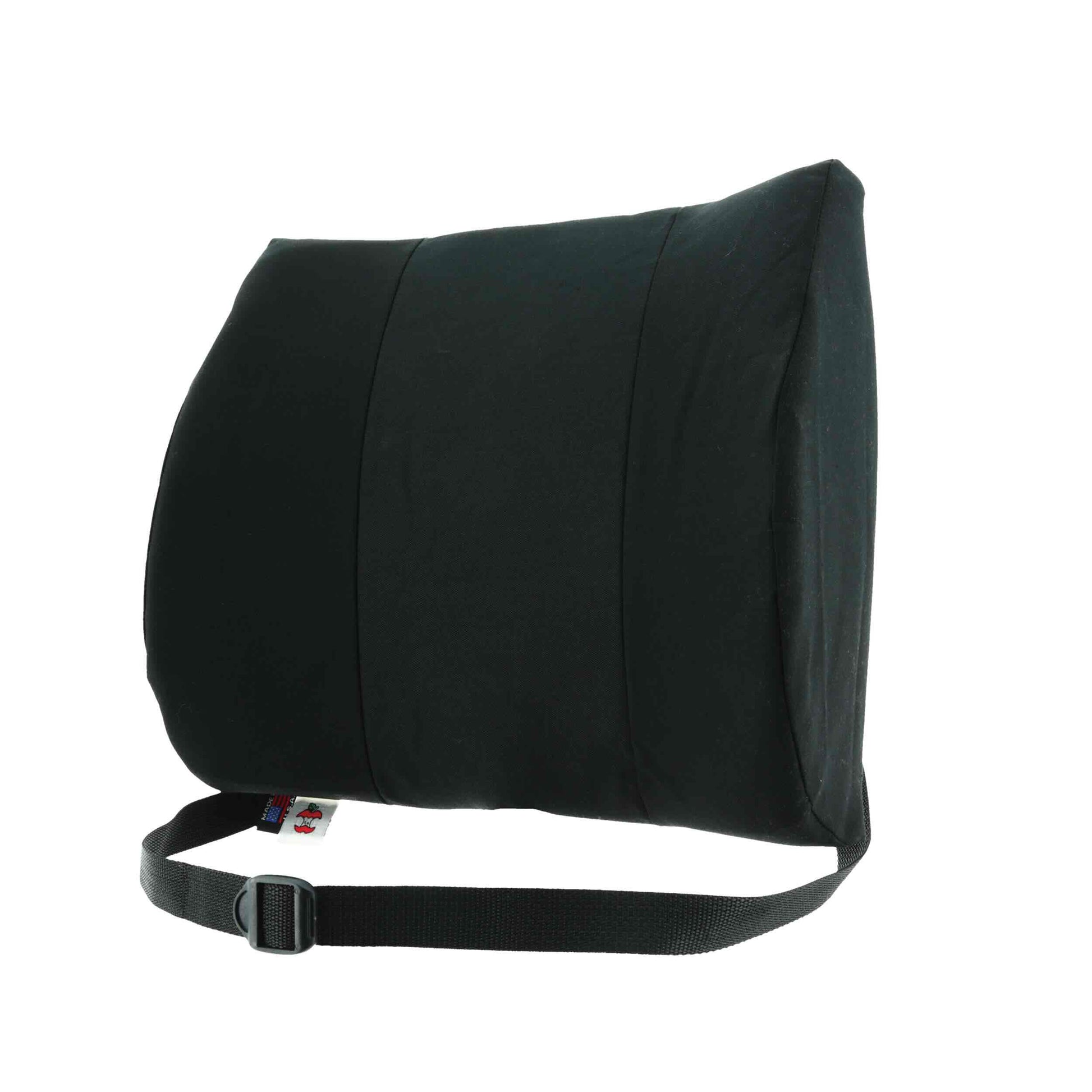 Black seat cushion with a strap on a white background