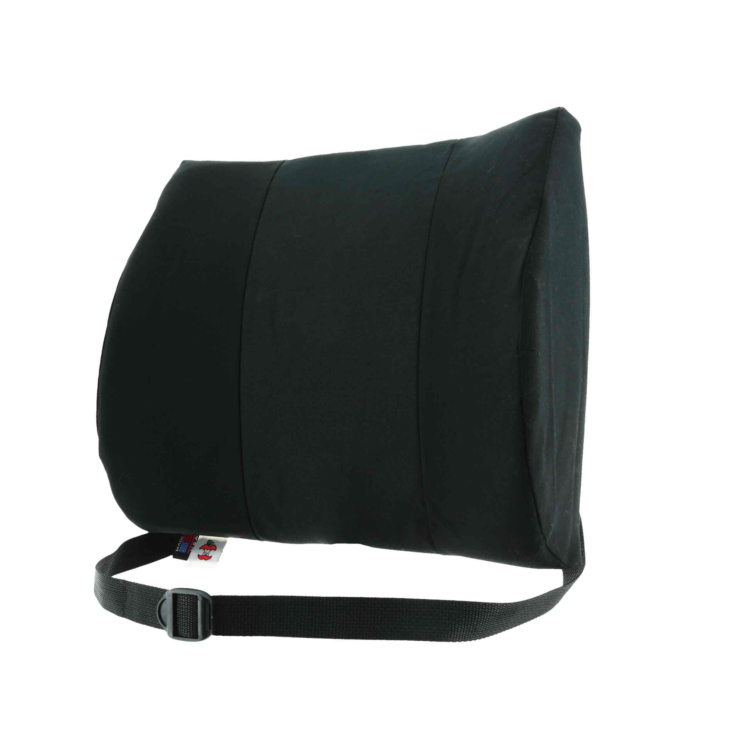 Black seat cushion with a strap on a white background