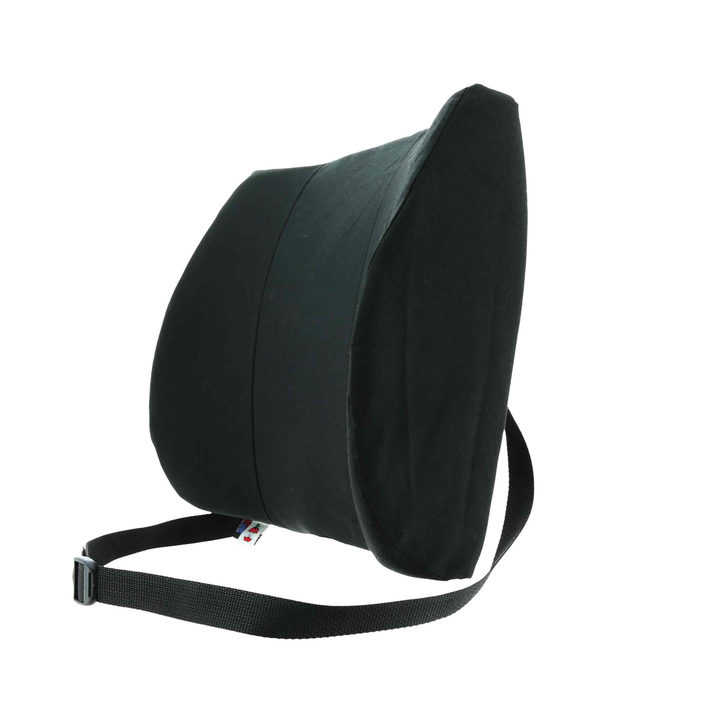 A black curved back support cushion with an adjustable black shoulder strap, shown from a side profile view on a solid white background.