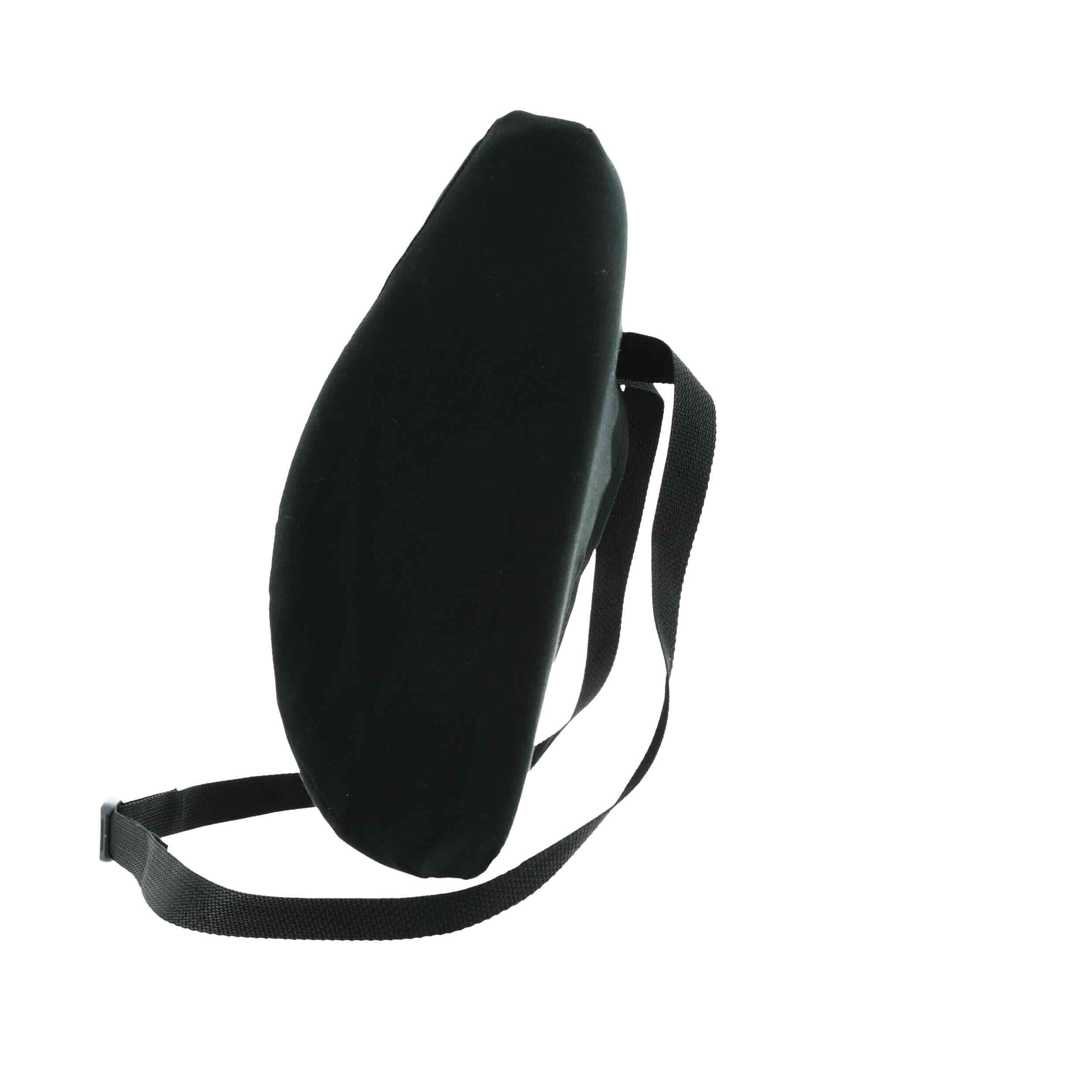 A black contoured lumbar support pillow with an adjustable black strap, shown on a plain white background.