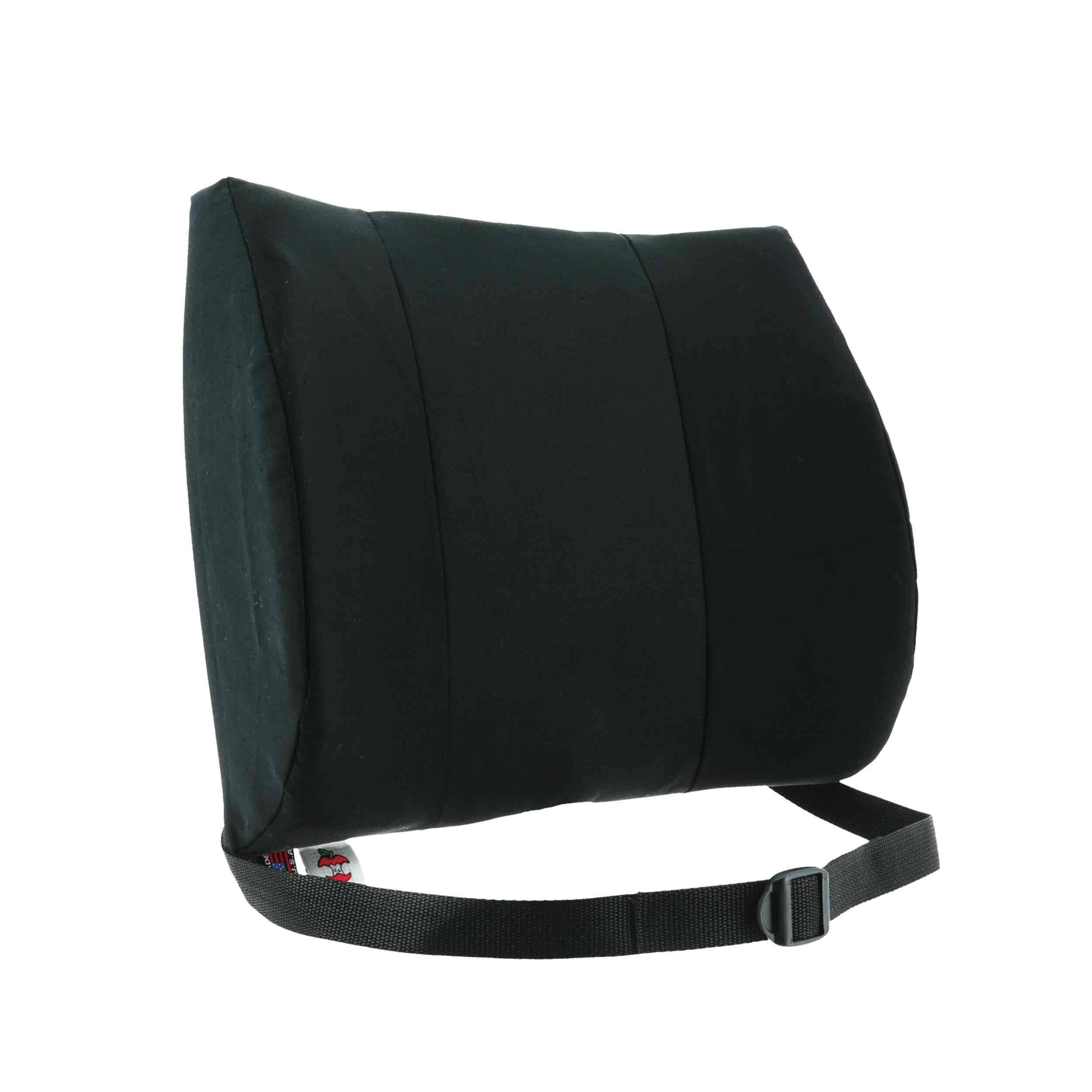 Black lumbar cushion with a strap on a white background