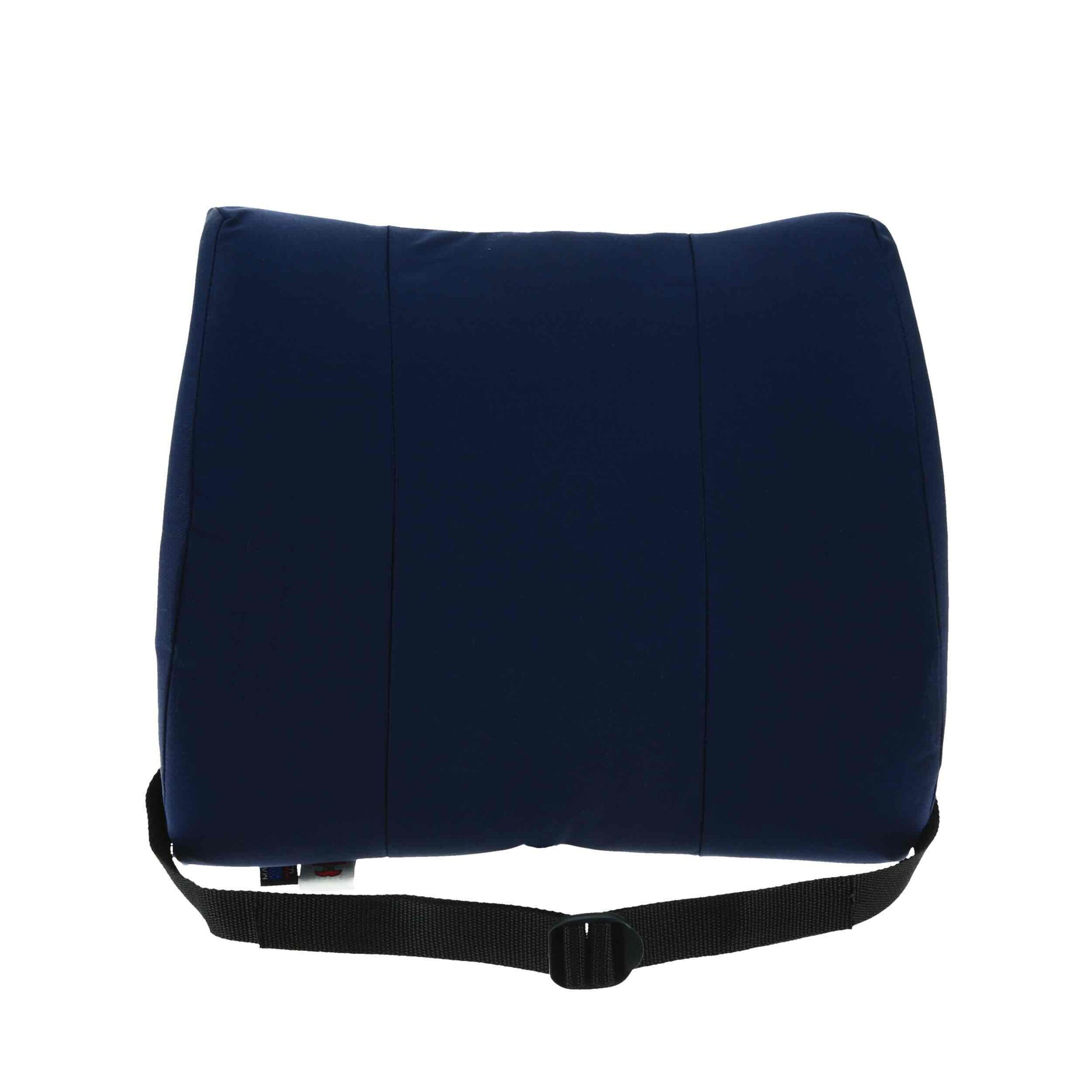 A navy blue lumbar support cushion with a black adjustable strap and plastic buckle, shown against a plain white background.