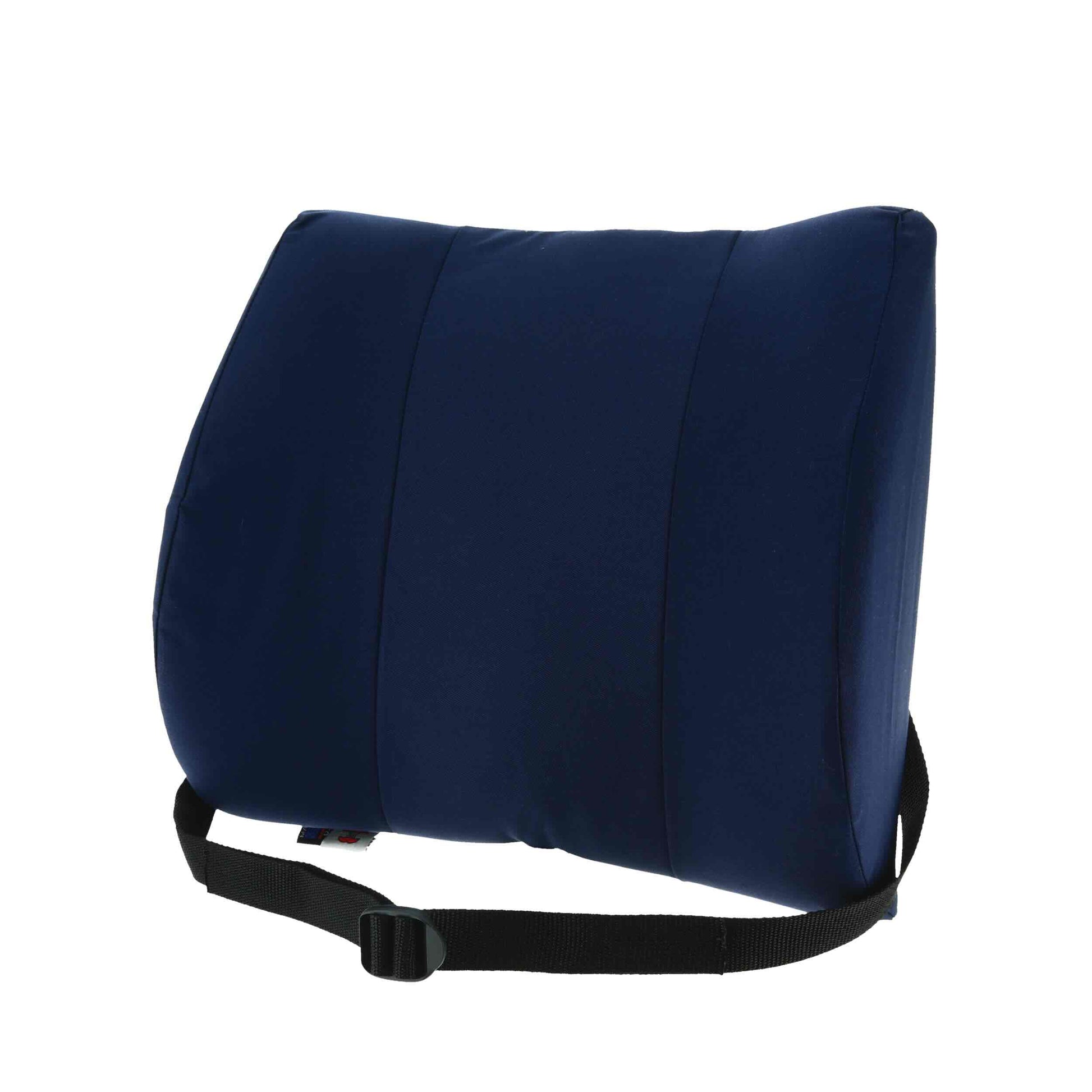 A navy blue lumbar support pillow with a black adjustable shoulder strap and plastic buckle, shown on a solid white background.