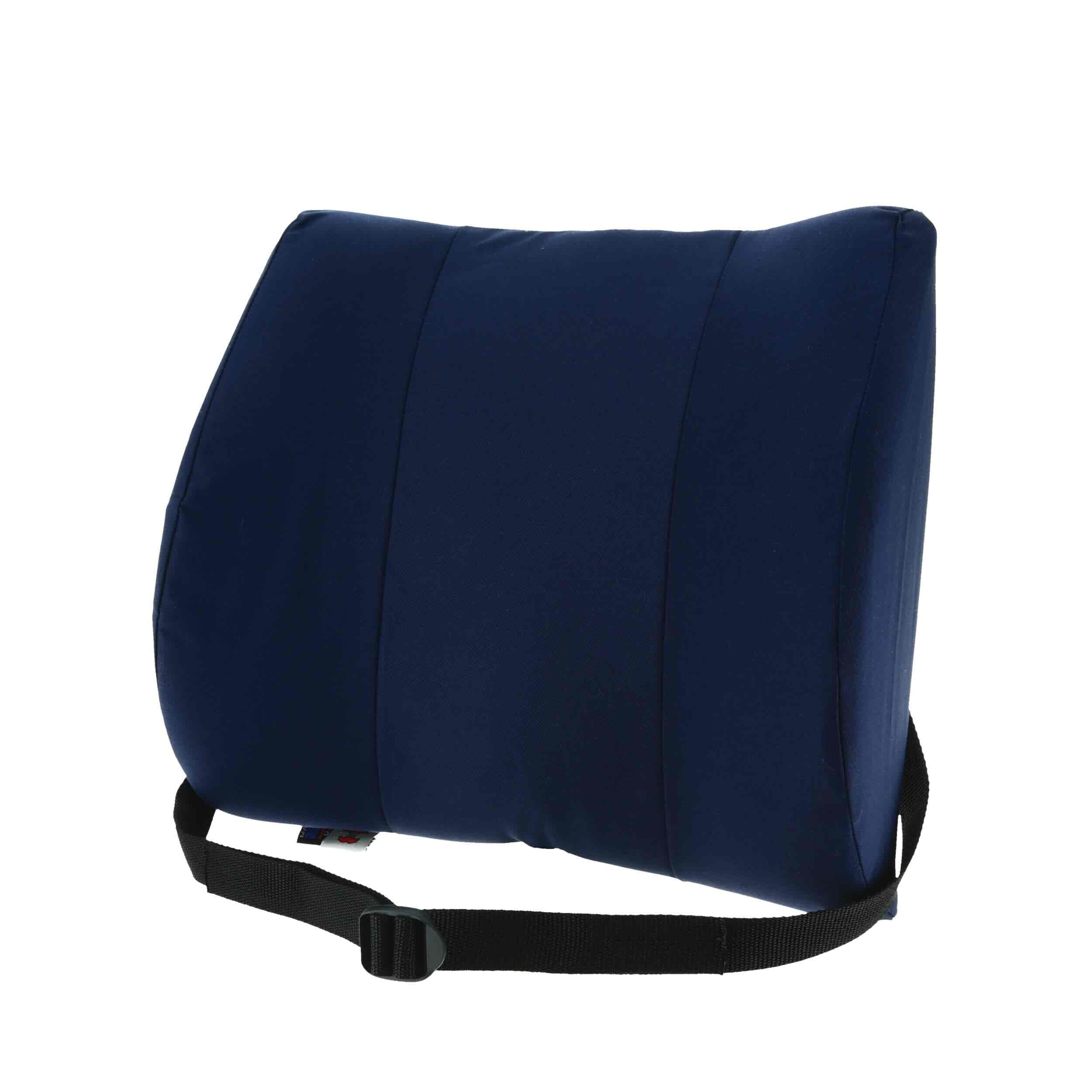 A navy blue lumbar support pillow with a black adjustable shoulder strap and plastic buckle, shown on a solid white background.