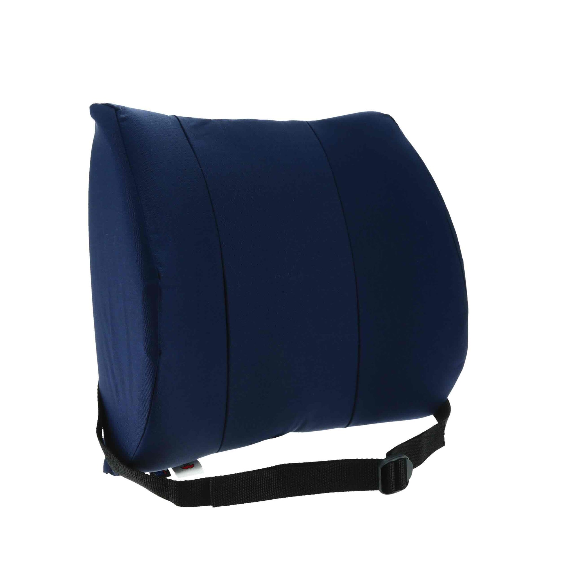 A navy blue lumbar support pillow with a black adjustable strap, shown on a solid white background.